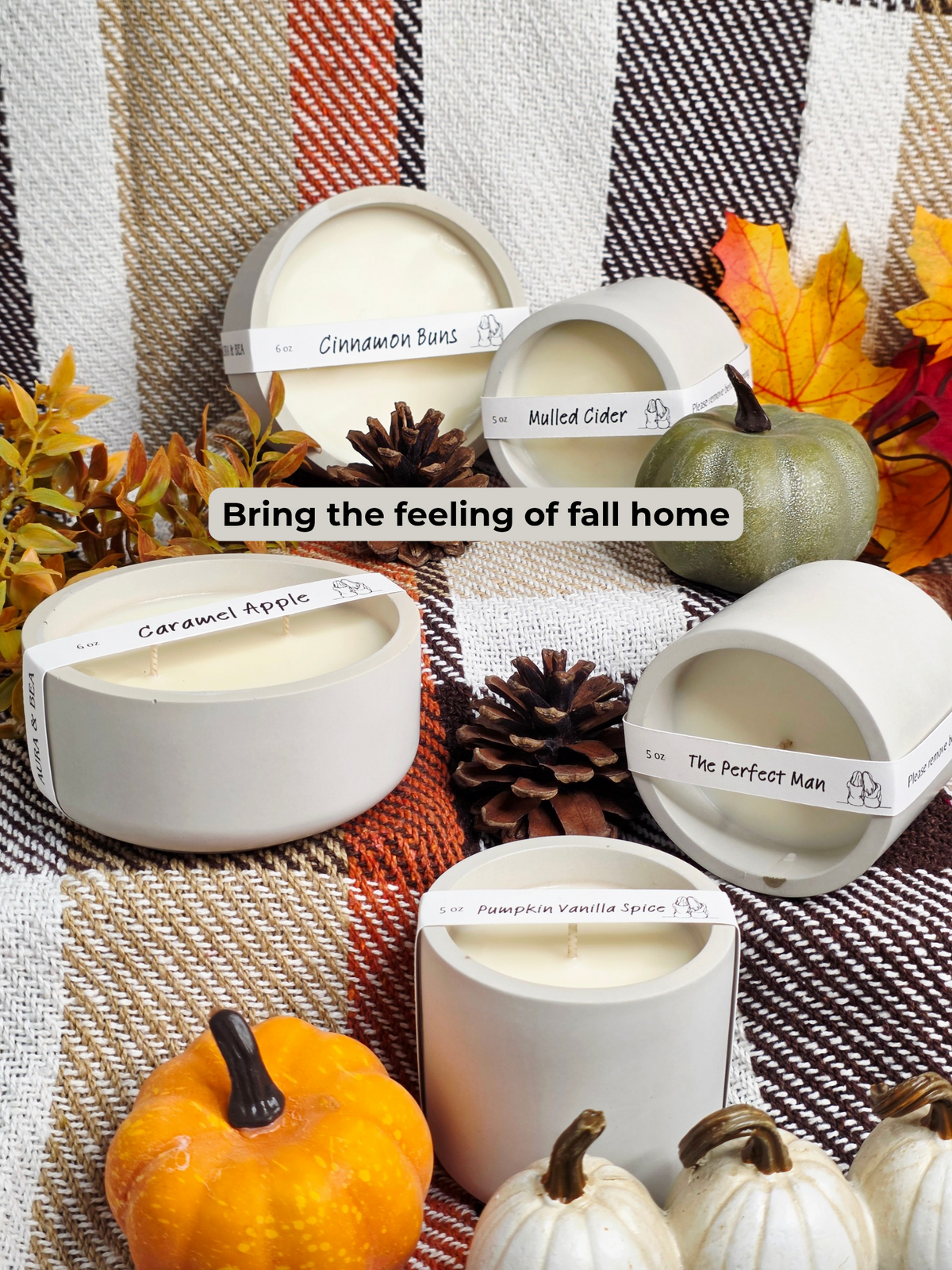 A styled flat-lay of six ceramic scented candles in white round jars, surrounded by autumn props including pumpkins, pinecones, and a plaid blanket. The labels show different scent names such as Cinnamon Bun, Mallicider, Garamel Apple, The Perfect Man, Pumpkin Vanilla Spice, and Mallicider.